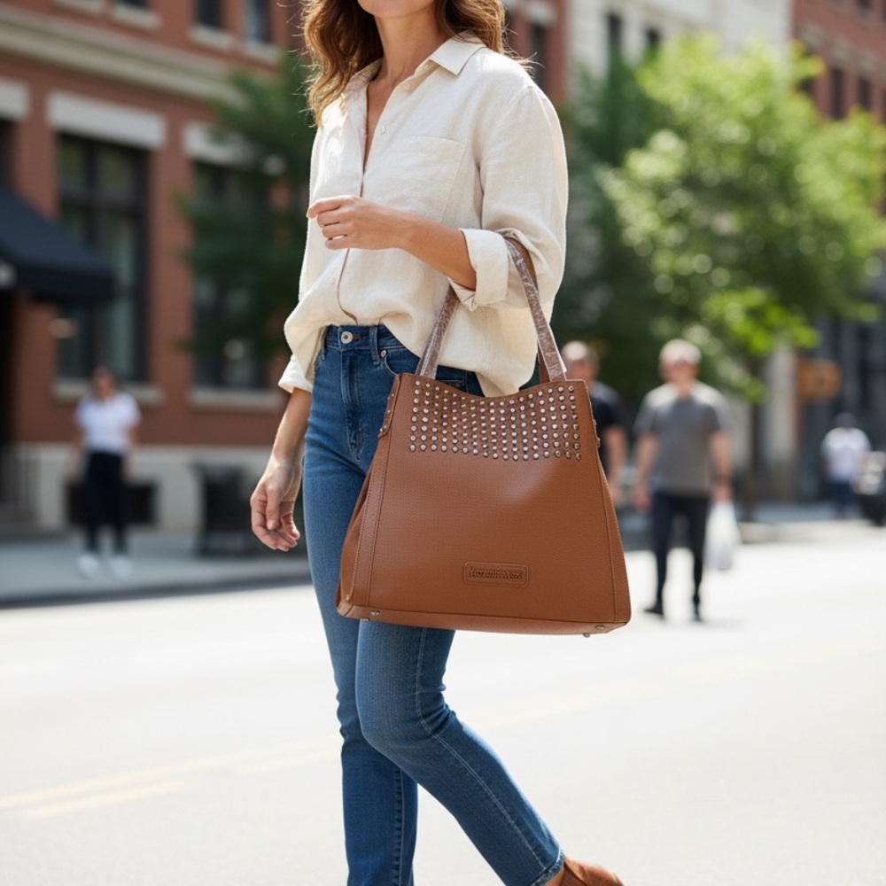 NWT Montana West Studded Elegant Brown Handbag faux leather